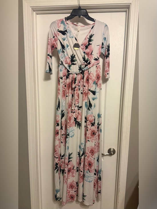 Pinkblush Dresses & Skirts - Pinkblush maternity White Floral Wrap Maxi Dress with Pink Roses